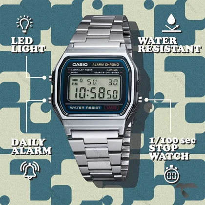 کاسیو نوستالژی A158WA-1 کامپیوتری استیل صفحه مشکی Casio-10244-U