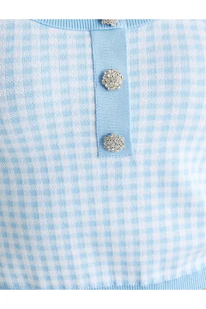 X Tuba Ünsal - لباس بافتنی بلوز استین کوتاه دکمه سنگی Gingham 24k013463b0003
