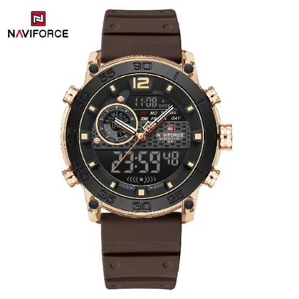 ساعت مچی اورجینال نیوی فورس NF6104 سه زمانه قهوه ای صفحه مشکی مدل m-10376