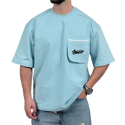 تیشرت آستین کوتاه مردانه آبی جیب‌دار مدل stwd