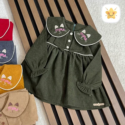 پیراهن دخترانه مخمل کبریتی مدل MEOW MEOW برند MANELY