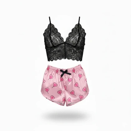 ست نیم‌تنه گیپور و شلوارک طرح آبنبات قلبی 027