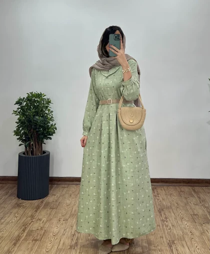 پیراهن مانتویی بلند کاج به همراه کمربند کد 2577