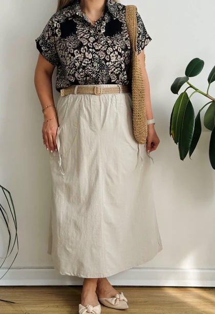 دامن کتان نخ همراه کمربند