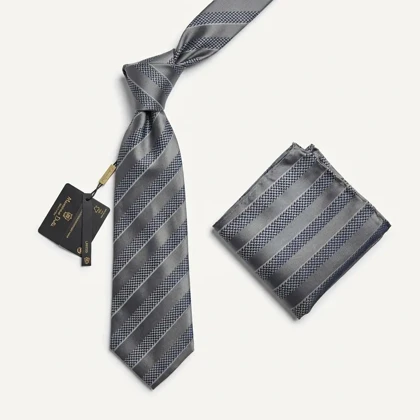 کراوات و پوشت دستدوز طرح خط اریب هرینگبون برند Massimo Dutti