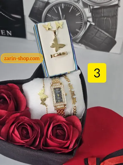 باکس هدیه زنانه ست ساعت نگینی و نیمست