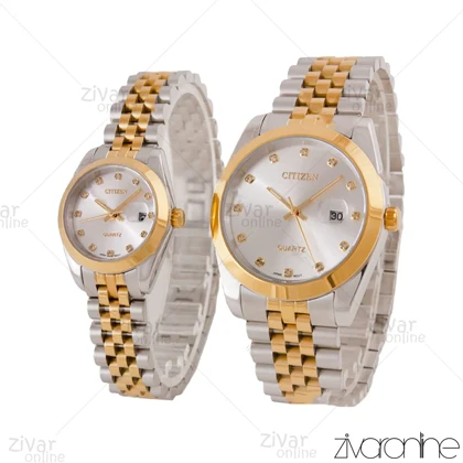 ست ساعت سیتیزن دورنگ طلایی صفحه نقره ای نگین‌دار 105661