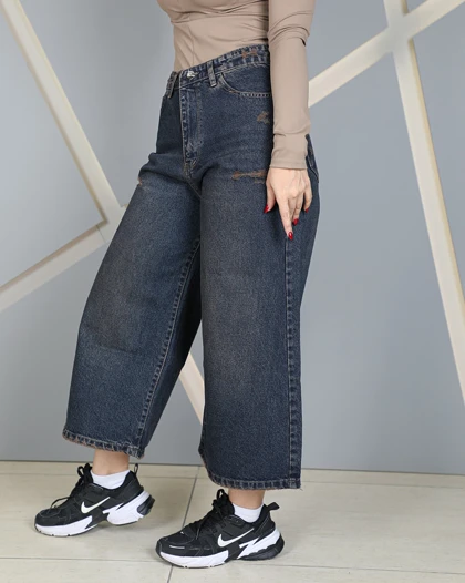خرید شلوار واید لگ جین دخترانه زنانه ایزی بگ آبی کثیف شور Easy Bag Wide Leg Jeans کد 8044