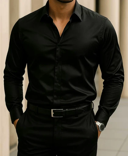 پیراهن آستین بلند مشکی مردانه پارچه ساتن پنبه درجه یک کد 757