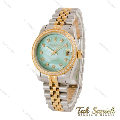 ساعت رولکس زنانه دورنگ طلایی دورنگین صفحه فیروزه ای Rolex-4848-L