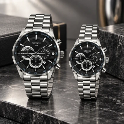 ساعت ست سیکو VIP رفرنس 31693 کرنوگراف سیلور صفحه مشکی Seiko-11461-S