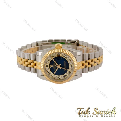 ساعت رولکس زنانه دورنگ طلایی صفحه آبی ایندکس رومی مدیوم Rolex-5111-M-L