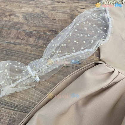 ست کلاه و پیراهن مجلسی دخترانه آستین توری پارچه مازاراتی