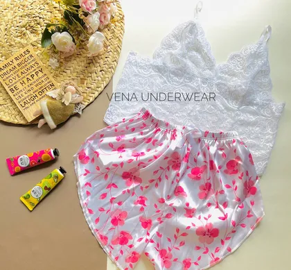 ست تاپ شورتک ساتن طرح FLORAL