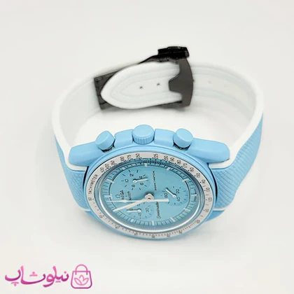 ساعت امگا سواچ moonswatch با بند رابر زنانه مردانه رنگ آبی سفید کیفیت مستر کد 3750