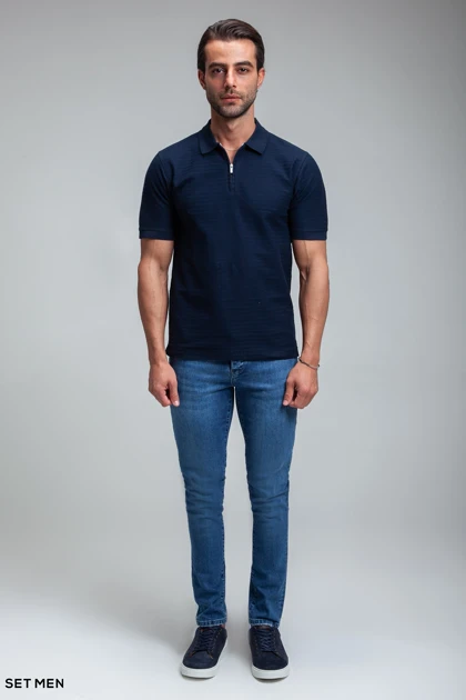 تیشرت یقه دارنیم زیپ بافت