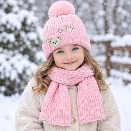 ست کلاه و شال گردن بافت بچگانه صورتی پاستلی طرح خرسی داخل مخمل (3 تا 6 سال)