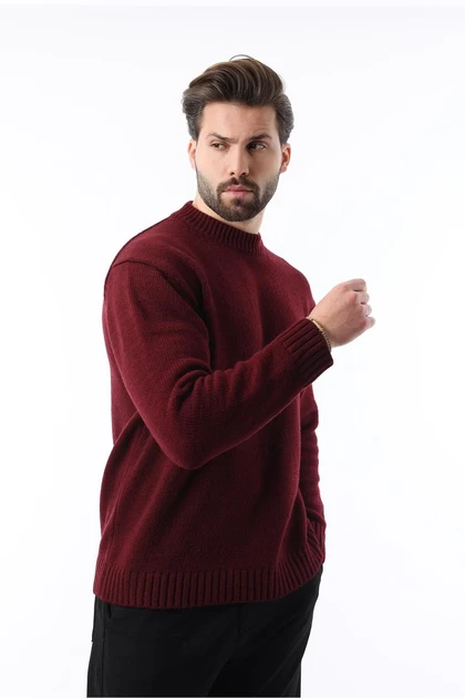 ژاکت بافتنی مردانه Claret Red Crew Neck Overfit E7402