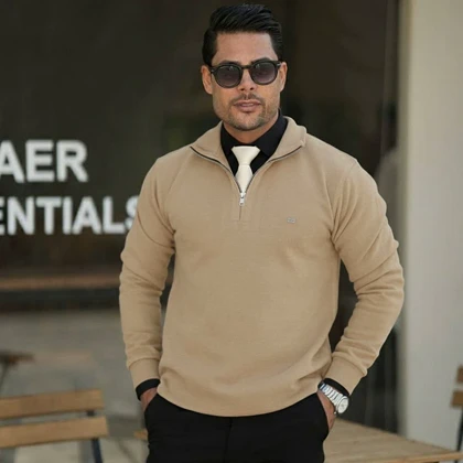 پکیج دورس مردانه نیم زیپ مدل Behbod-کرم + پیراهن مردانه مشکی VQ