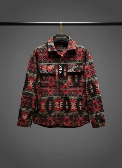 پیراهن پشمی باکسی طرح وینتیج قرمز مشکی طرح آزتک لوکس کد 867