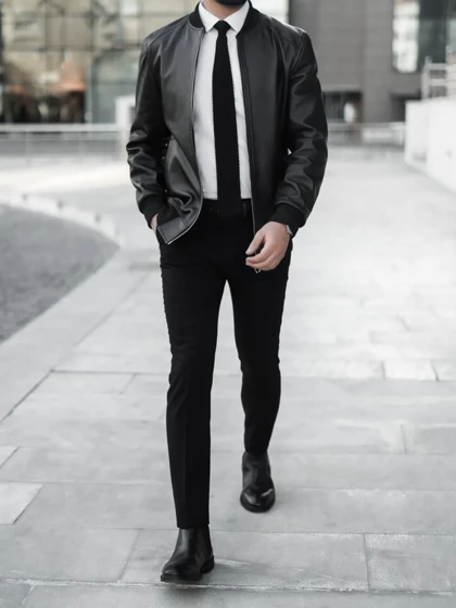 کاپشن چرم طبیعی مشکی j151