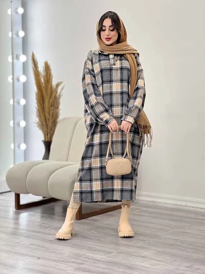 پیراهن بلند چهارخونه آستین پیله