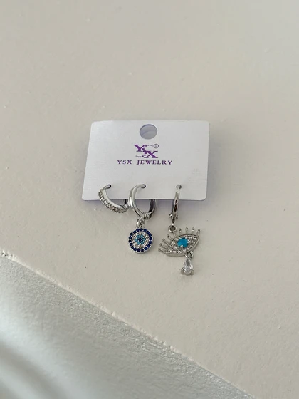 گوشواره YSX پکی 3 تایی طرح چشم سیلور