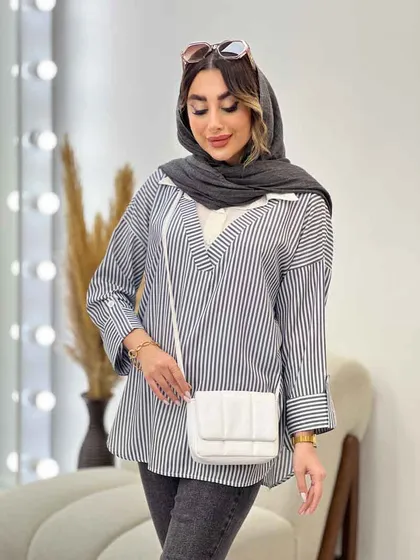 شومیز راه راه ترکیبی جلو بسته