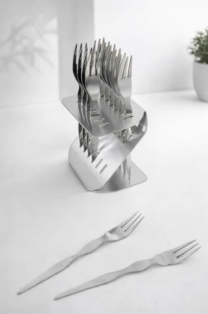 چنگال دسر خوری 12 عددی استند دار نقره ای