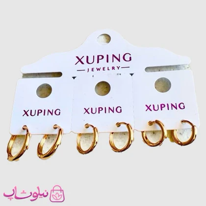 پک گوشواره ژوپینگ مدل حلقه‌ای ساده طلایی (سه جفت) کد 4491