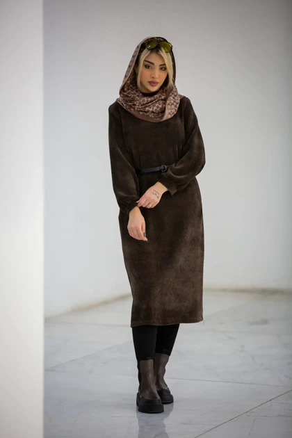 پالتو بلند کفتان زنانه یقه گرد بیسکوییتی