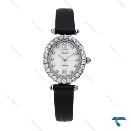 ساعت الکسا اسپشیال A2008 زنانه بیضی نقره ای صفحه سفید دورنگین Alexa-6218-L