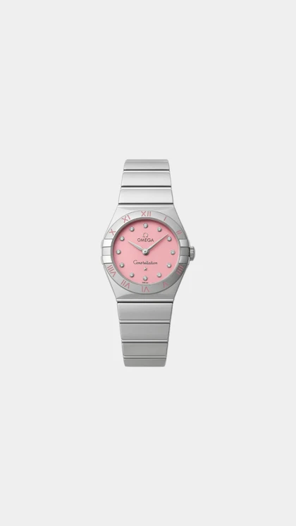ساعت امگا کانسلیشن زنانه نقره ای صفحه صورتی ایندکس نگین Omega Constellation Silver
