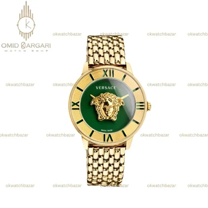 ساعت مچی ورساچه طرحدار بند طلایی صفحه سبز Versace