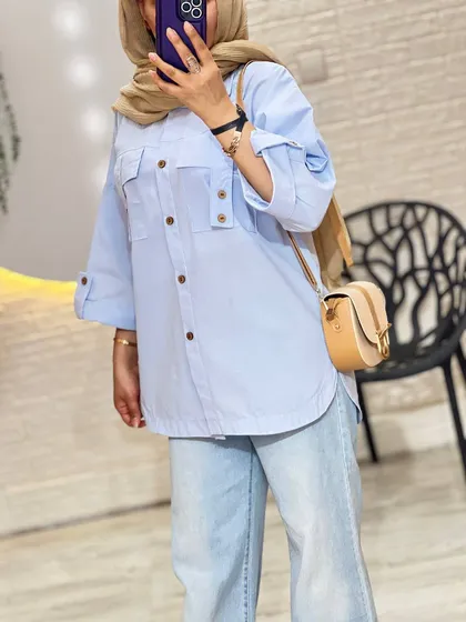شومیز دو جیب لینن دکمه چوبی