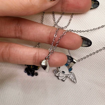 ست گردنبند دو نفره مدل «اژدها و قلب مگنتی» | پلاک مکمل با زنجیر دیپلمات استیل