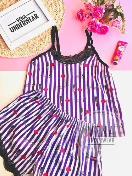 لباس خواب ساتن دو تکه طرح ویکتوریا سکرت (بنفش)