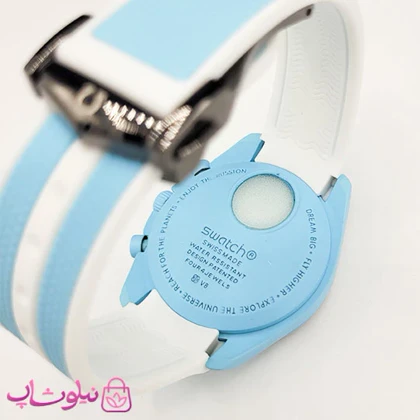 ساعت امگا سواچ moonswatch با بند رابر زنانه مردانه رنگ آبی سفید کیفیت مستر کد 3750
