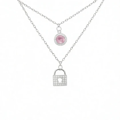 گردنبند نقره دخترانه 925 اصل مدل قفل و نگین صورتی دو رج