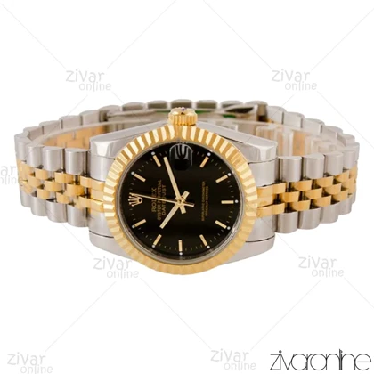 ساعت رولکس دیت جاست زنانه صفحه مشکی ایندکس خطی مدیوم 104473