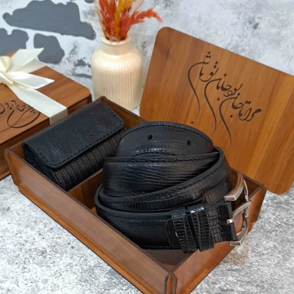ست هدیه چرم طبیعی مردانه کمربند و جاکارتی مدل 2 تیکه لیزارد مشکی