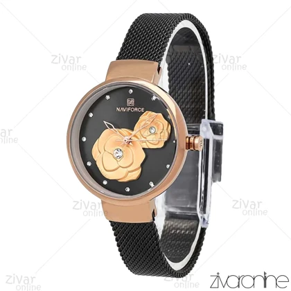 ساعت اورجینال ناوی فورس NaviForce زنانه رزگلد مشکی بند حصیری 106955