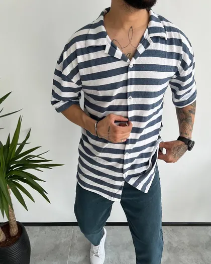 پیراهن رینگر پنبه استین کوتاه PULL&BEAR سفید سرمه ای