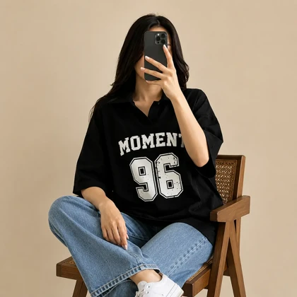 تیشرت زنانه یقه دار طرح MOMENT96 طرح 4117