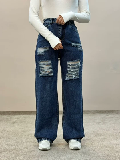 شلوار نیم بگ جین زاپ‌دار سورمه ای ام کی