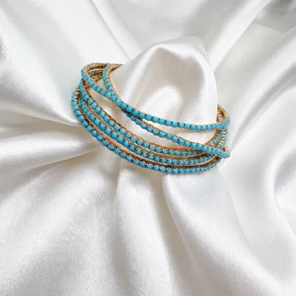 دستبند تنیسی مدل «فیروزه درخشان» | آبی مات بر پایه طلایی (فروش دانه‌ای)