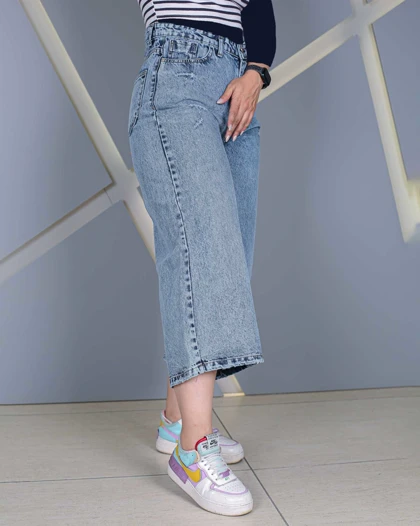 شلوار ایزی بگ آبی روشن زنانه قد 84 Easy Baggy Wide Leg Jeans کد 60900