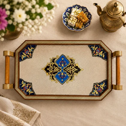 سینی چوبی دور خاتم کار دست کد m0322 گالری ساعت ضرابی
