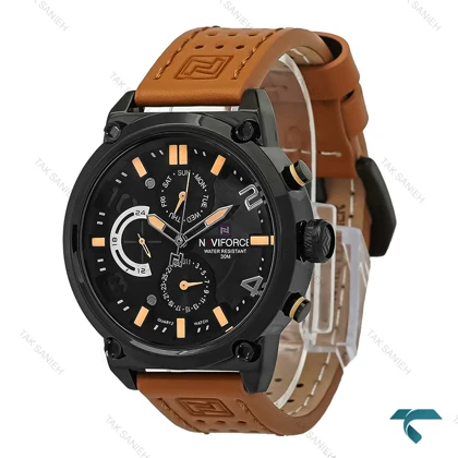 ساعت مردانه نیوی فورس NF9068 مشکی بندچرم عسلی NaviForce-7333-G