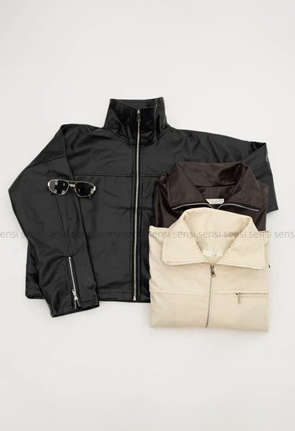 کراپ کت جلو زیپ چرم کد1004881